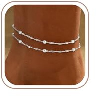 Fußkettchen für Damen Silber 925/Gold Fussketten für Frauen Wasserfest Doppelte Herz Perlen Plättchen Twist Infinity Fußkette Boho Verstellbare Layered Sommer Strand Fußschmuck für Teenager Mädchen