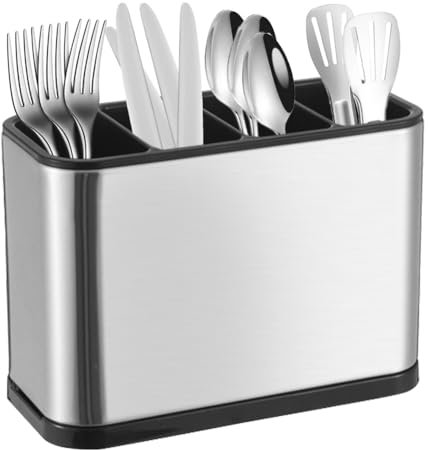 Porte-couverts à 4 compartiments avec bac d'égouttement - Organiseur de couverts en acier inoxydable antidérapant pour cuisine et salle à manger - Bac à couverts avec bac d'égouttement amovible