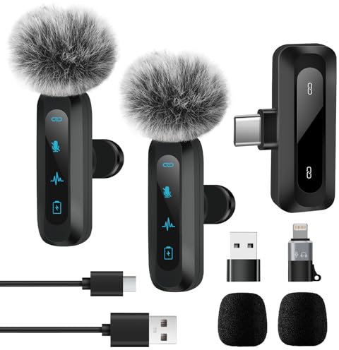 2-Pack Micro Cravate sans Fil pour Android/iPhone/Téléphone Android, Mini Microphone à Pince avec Suppression du Bruit, Appairage Automatique, Sourdine et Réverbération, pour Vidéo, Tiktok, Youtube