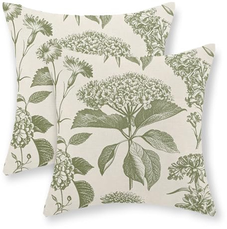 GOLIANDA Sage Green Pillow Covers 18x18 Set of 2 Boho Floral Hydrangea Herbs Botanical Throw Pillow Cover Outdoor Decoration Pillow Cases Vintage Flower Linen Cushion Case Decorative for Couch Sofa