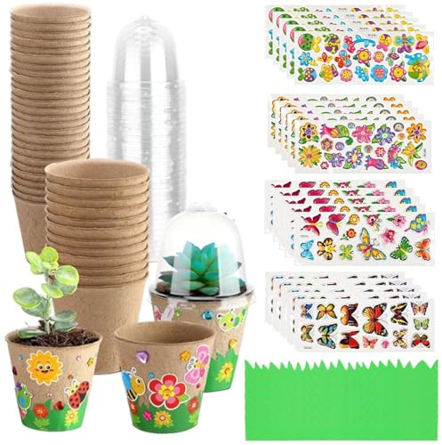 Kit Artigianato Da Giardino per Bambini - Pianta Di Torba Di Carta Mache Di Carta | 30 Pezzi Piccoli Vasi Con Cupole | Kit Artigianato In Carta Da Giardino Fatto A Mano con 20 Lenzuola Adesivi