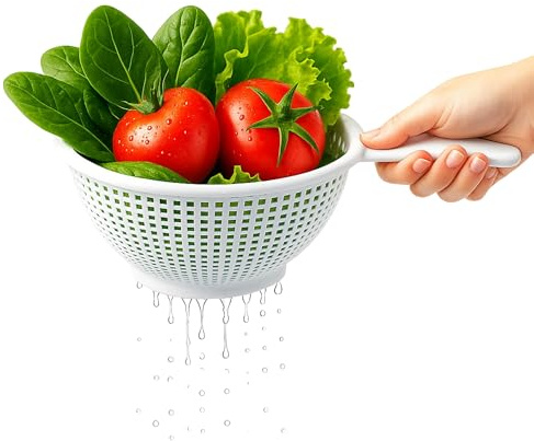 Escurridor de plástico con mango, Colador de cocina, Colador multiusos, escurridor pasta, escurridor para frutas y verduras, Diámetro superior 24 cm, Altura 11 cm, Libre de BPA, Plástico