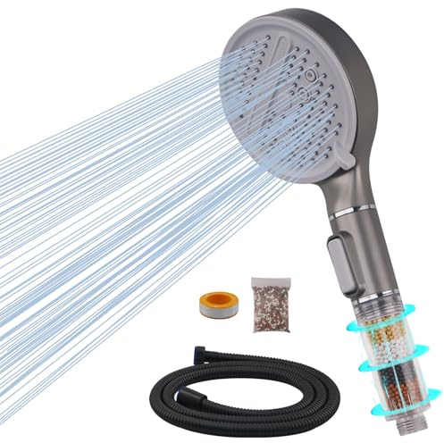 VirtuGro Duschkopf mit Filter Shower Head 3 Sprühstrahl Modi Duschbrause mit Schlauch 1.5M Hochdruck Duschkopf Wassersparend 3-Schichten-Filtration gegen Chlor für Hartes Wasser (Dunkelgrau)