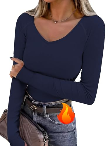 Wayleb Maglia Termica Donna con Interno in Pile, Scollo a V e Maniche Lunghe con Foro per Pollice, Maglia Calda Invernale per Ufficio, Casa, Tempo Libero, S-XXL