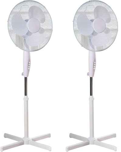 B4E 16 Inch Pedestal Fan, 3 Speed Settings, 90° Oscillating Stand Fans, Adjustable Height, Quiet Operation, Powerful Airflow, Ideal for Home and Office, White (Set of 2)