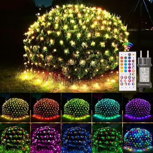 LED Lichternetz, 4,5*1,5M 240 LED Lichterkette Außen Netz mit Stecker,RGB Lichterkette 35 Farben 9 Modi mit Fernbedienung & Timer, LED Netz Weihnachten Grüner Draht für Herbst, Halloween, Weihnachten