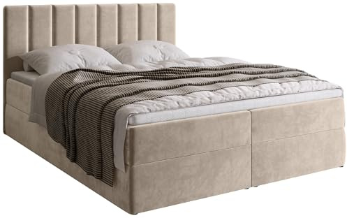 BROMARKT Boxspringbett mit Matratze 180x200cm Bett mit Topper Hellbeige | Polsterbett mit Bettkasten Doppelbett für Schlafzimmer gepolsterte Kopfstütze Bed Bonell Härtegrad H3 DENVER