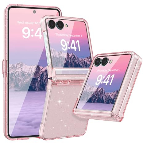 FABSPARK Case for Samsung Galaxy Z Flip 7 Built-in Screen Protector,Hinge Protection,Sparkly Bling Glitter Crystal Clear Transparent Slim Fit Acrylic Hard PC for Samsung Z Flip 7 Case,Glitter Pink