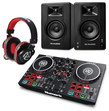 Numark Party Mix II DJ Controller and M-AUDIO BX3 Pair Bluetooth Studio Monitors with Headphones for Studio Recording, Music Production, Podcasting, Streaming