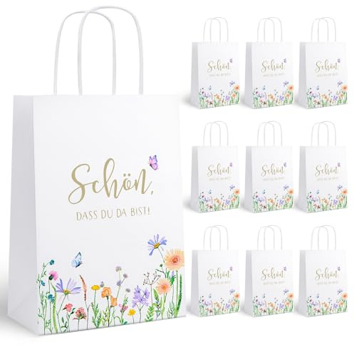 10 Stück Geschenktüten Schön dass Du Da Bist,Papiertüten mit Henkel,Weiß Kraftpapier Mitgebsel Tüten,Robust und Langlebig,Papiertragetaschen für Party Hochzeit Geburtstag Weihnachten,21×15×8cm