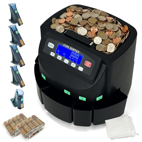 USD Coin Counter Machine with LCD Display,Coin Sorter and Wrapper Machine,Sorts 1￠5￠10￠25￠$1 up to 300 Coins/min,2000-coin Capacity,Business Grade,5 Bins&5 Tubes,Automatic Wrapper (+90 Wrappers+Cover)