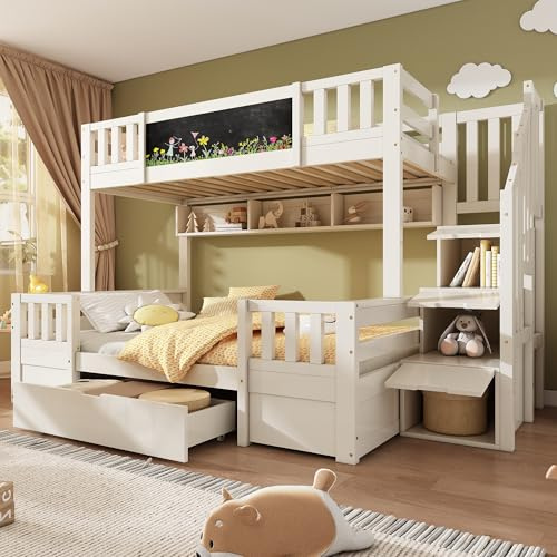 Kebnor Letto a castello per 3 bambini, 90 x 200 e 140 x 200 cm, in legno massello con lavagnetta, scala di archiviazione, 2 cassetti e cabina scaletta, letto a soppalco/letto a castello (bianco)
