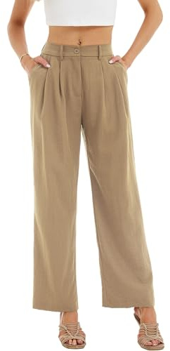 Pantalón Mujer Anchos Elasticos Pantalon Palazzo Mujer Ligero Casual Pantalones Rectos Suelto con Bolsillos Cordón Deportivos para Yoga Jogging Fitness Caqui XL