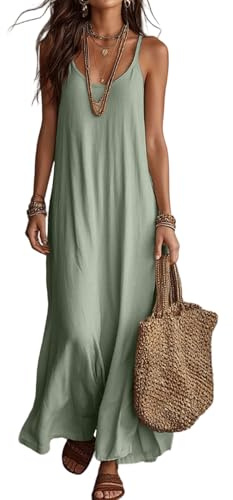 Linen Midi Dresses for Women UK Sleeveless Solid Color Boho Sundress V Neck Flowy Beach Maxi Dress