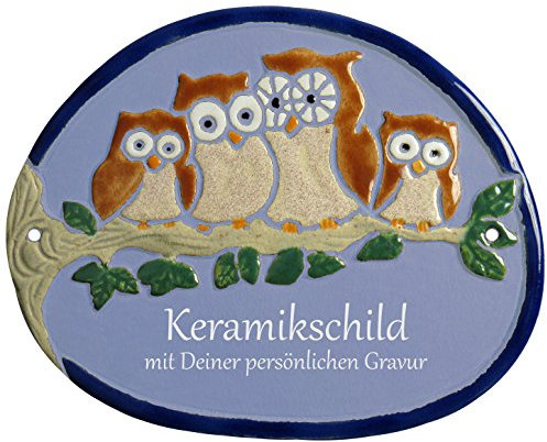 Handarbeit aus Schleswig-Holstein Keramikschild 19,0 x 15,0 cm Vier braue Eulen auf AST (hellblau)