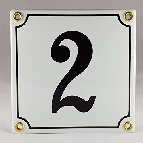 Emaille Schild Hausnummer 2 Schwarz-Weiß Handarbeit