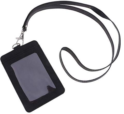 SuperglockT Ausweishülle mit Schlüsselband lanyard Kunstleder Kartenhalter(11*7.1cm)für 2 Karten Ausweishalter Kartenhülle ID Karten Etui Schutzhülle,7.5*5cm Klar-Fenster,48cm Länge Halsband(Schwarz)