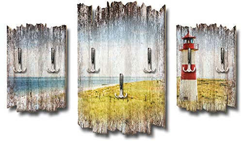 Kreative Feder 3-teilige Designer Wandgarderobe Strandpanorama Leuchtturm - Flurgarderobe Wandpaneele Größe 95x60cm aus MDF (Strand-Panorama)