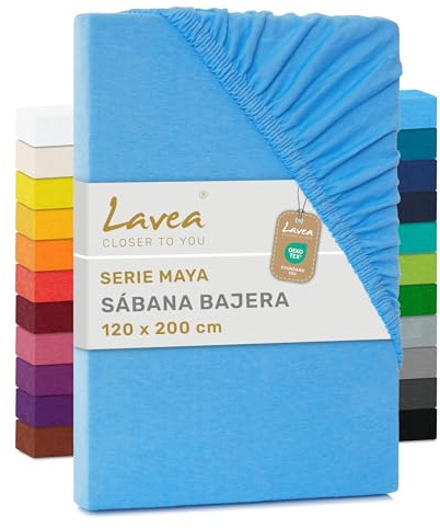Lavea® Spannbettlaken 120x200cm - Himmelblau | Maya, 100% Jersey Baumwolle – Weiches Spannbetttuch mit Rundumgummi, atmungsaktives Bettlaken für Matratzen bis 20 cm