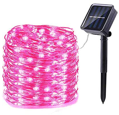 Kingcoo - Luci solari per esterni, impermeabili, 33 m, 100 LED, a energia solare, 8 modalità, in rame, per giardino, cortile, casa, Natale, festa di nozze, decorazione (rosa)