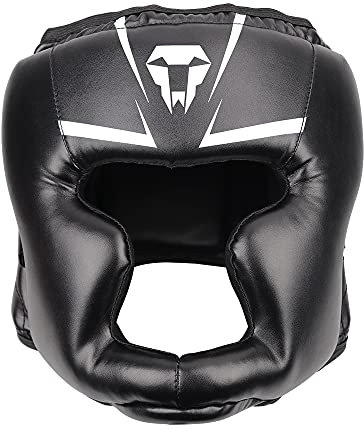 LangRay Boxen Kopfschutz für Kinder, Leder Boxhelm Thaiboxen Gesichtsschutz Hoher Schlagdämpfung mit Perfekter Sicht und Gute Schweißaufnahme für Kampfsport MMA Boxen Kickboxen Sparring,Schwarz,S