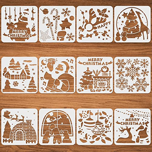 12 stycken julmallar, ritmallar målarmallar återanvändbara mallar för scrapbooking, konstritning, fönstersprutning, vägg gör-det-själv dekoration