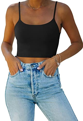 REORIA Women's Summer Sexy Sleeveless Adjustable Spaghetti Strap Cami Camisole Basic Fitted Seamless Yoga Cropped Tank Cute Crop Tops Black Medium