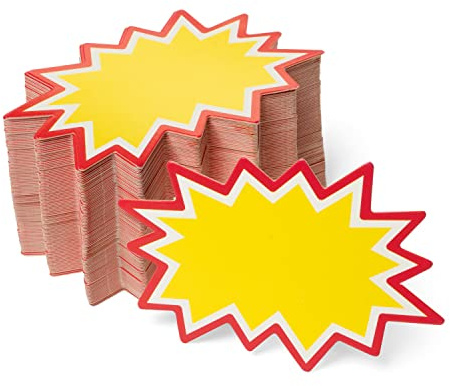 Starburst Signs with Stickers 200pcs | Price Tags for Garage, Estate, Yard Sales. 100pcs Sign Cards & 100pcs Sticker Dots. 2x3 inch (Yellow)