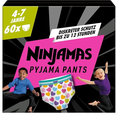 Ninjamas Pyjama Pants Herzen, 60 Pyjama Pants, 7 Jahre, 17kg-30kg | absorbierende Nachthöschen, Auslaufschutz für die ganze Nacht