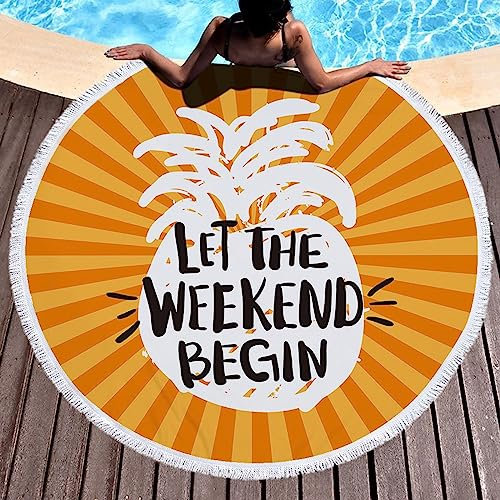 AMDXD 150x150CM Strandtuch XXL Rund Mikrofaser, Streifen Ananas LET The Weekend Begin Muster Badetücher Gelb Orange Weiß Liegetuch Strandlaken Handtuch Geeignet für Fitnessstudio