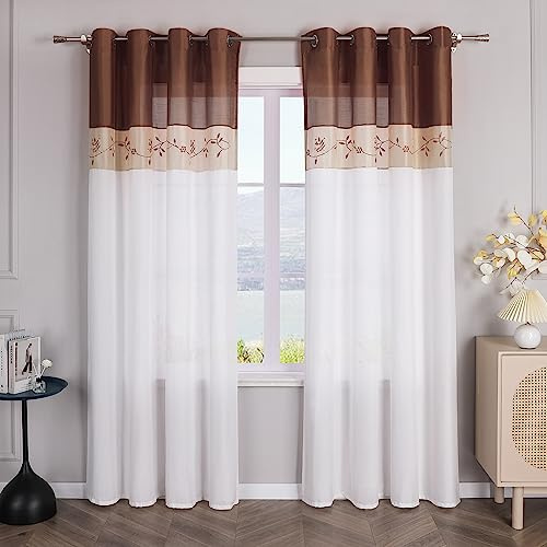 SCHOAL Gardinen mit Ösen Halbtransparente Vorhänge Weiß Gardinenschal Fensterschal Landhaus Dekoschals Wohnzimmer Bestickt 1 Stück BxH 140x225cm Braun