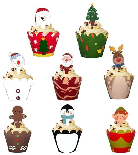 32 PCS Merry Christmas Cupcake Toppers，Cake Decorations Insert Wrapper Set, Happy Birthday Cake Topper for Christmas Party Holiday Supplies