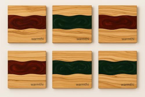 Warmthi Drink Coaster Set of 6, Square Red and Green, Handmade with Olive Wood and Epoxy Resin, A Unique and Stylish Addition to Your Home for Drinks, Bar, Cups, Glass - Table Drinks Coasters