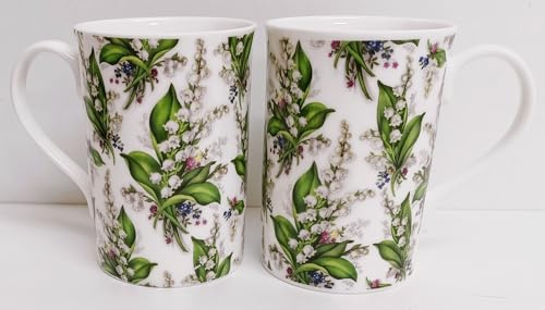 Rainbow Decors Lily of The Valley - Juego de 2 tazas de porcelana fina de 300 ml, diseño de lirios de Windsor Chintz, decoradas a mano