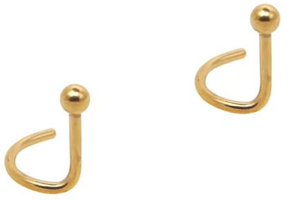 2 x Nasenstecker mit gebogenem Stab, goldfarben und einer Kugel von 2 mm, Stärke 0,8 mm, Länge 6,5 mm, Standardgröße.