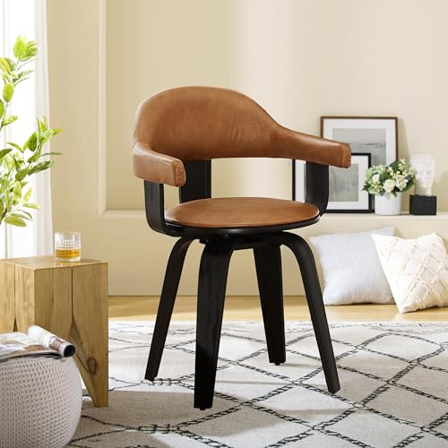 Silla Zouron Moderno - Giratoria con Patas de Madera Maciza, Tapizada en Polipiel, para Comedor, Salón, Cocina u Oficina, Marrón