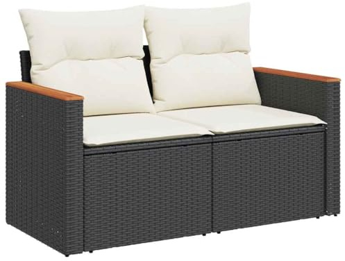 vidaXL Canapé de Jardin avec Coussins 2 Places, Siège avec Accoudoirs, Transat avec Dossier, Meuble de Terrasse Patio, Noir Résine Tressée