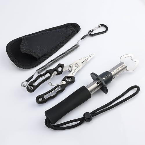 supregear Fischerei Zange und Greifer Set, Edelstahl Multifunktion Angelhaken Entferner mit Linien Schneidewerkzeug, Sicherheits Spule Lanyard, und Nylon Scheide Angel Werkzeug Bastelsatz, Schwarz