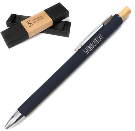Freudestifterei Personalisierter Soft-Touch Metall Bambus Kugelschreiber mit Gravur in Geschenk-Box | Kuli Stift | Kollegen Geburtstag Weihnachten Männer Frauen | blauschreibend