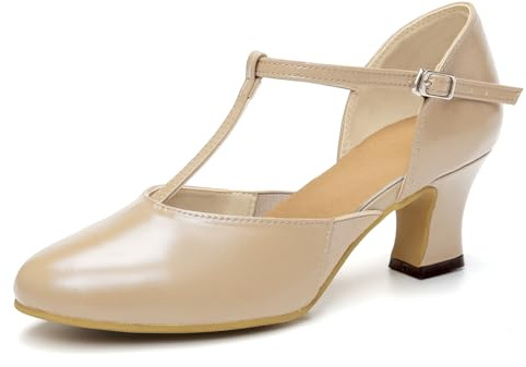 RUYBOZRY Chaussures de Caractère T-Strap Chaussures de Danse Latine Femme Salsa Bachata de Salon Petit Talon de 6 cm Rubber Sole,Beige,EU 40