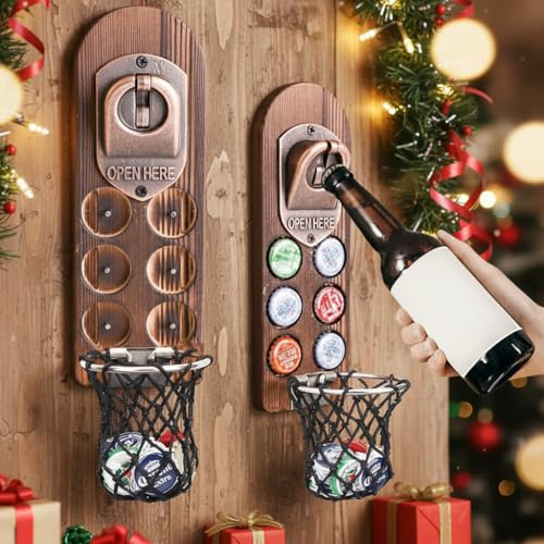 KERHAND Beer Gifts-Wall Mounted Bottle Opener,Wood Bottle Openers with Magnetic,Wall Mounted Corkscrew for Fridge,Good Gift for Men & Home Bar & Beer Bar & Outdoor Bar