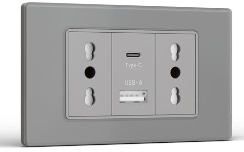 BSEED Prese Elettriche da Muro, Presa Bipasso con USB A e USB C, Presa Bivalente 10A/16A da Muro 118mm, Spina Italiana per Ufficio e Casa, Grigio