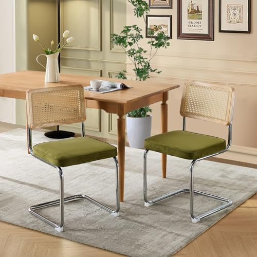 SoarFlash Velvet Dining Chair Set of 2 Modern Upholstered Kitchen Chair with Natural Rattan Cane Back, Stainless Chrome Base for Dining Room, Club(Green)