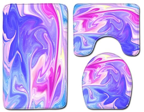 Bad Teppiche Set 3-Teiliges Abstraktes Lila Rosa WC Vorleger Mit Ausschnitt Badematte Saugfähig WC Deckelbezug Badvorleger rutschfest Waschbar Toilettensitzbezug Badgarnitur (50x80cm)