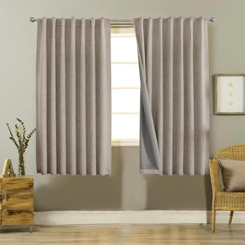 Joydeco Blackout Thermal Lined Curtains 52x63 Inch Drop 2 Panels with Back Tabs & Rod Pocket, 100% Light Blocking Linen Texture Fabric Curtain Drapes for Living Room Bedroom