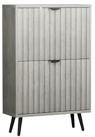 Smart FENDEE Schuhschrank schmal 2 Klappen, 24cm Tiefe in Hellgrau Holzoptik, 4 verstellbare Fächer, für 8-12 Paar Schuhe, Kippsicherung für Eingangsbereich/Flur, 60x24x94cm