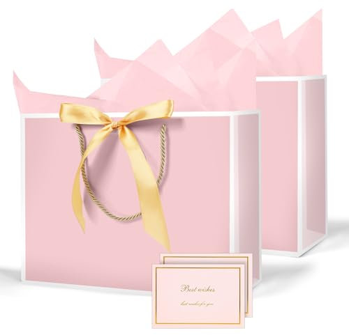 AMFUN Geschenktüten, 2 Stück Papiertüten mit Schleifenbändern + 2 Grußkarten + 4 Seidenpapier, Kreuzbodenbeutel, Geschenktaschen Groß mit Henkel für Geburtstag Hochzeit Feier Party