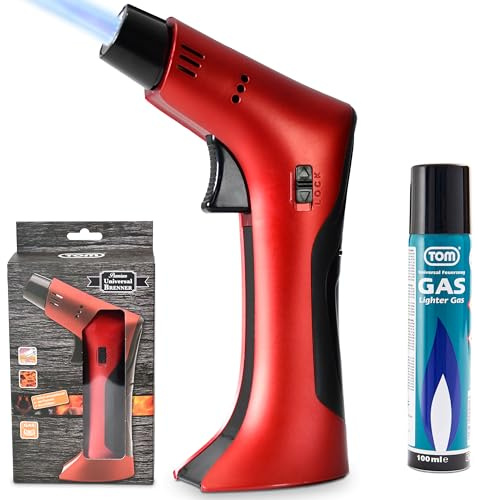 TOM Flambierbrenner Set MIT Gas befüllt + 1 x Butangas Kartusche – Profi Gasbrenner mit Sicherheitsschloss für Küche, Haushalt, Camping & Werkstatt – nachfüllbar – in zwei Farben – Jetflame (Rot)