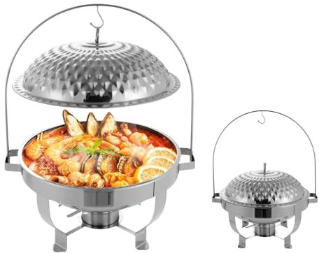 Hanging Lid Dining Stove, 6L/6.3QT Stainless Steel Round Chafing Dish Buffet Set Food Warmer with Alcohol Burner for Wedding, Parties, Restaurants, Banquets