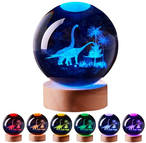 3D Large Dinosaur Crystal Ball Night Light with Wooden Base, Crystal Lamp Gift for Kids Wife Friends, 16 Color Changing with Remote Control, Laser Engraved 3.15 inch Glass Ball Lamp (Dinosaur)